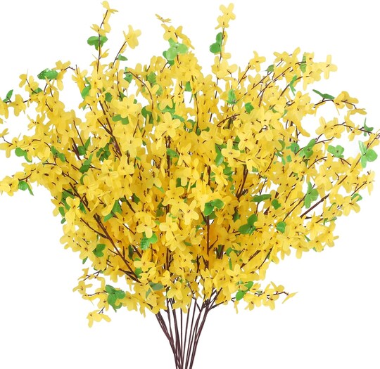 16 PCS Artificial Flowers Yellow Silk Forsythia Branches Fake Winter Jasmine Long Stem Artificial Orchids Flowers Forsythia Stems for Home Indoor Outdoor Decor Wedding Party Cemetery (25.5in)